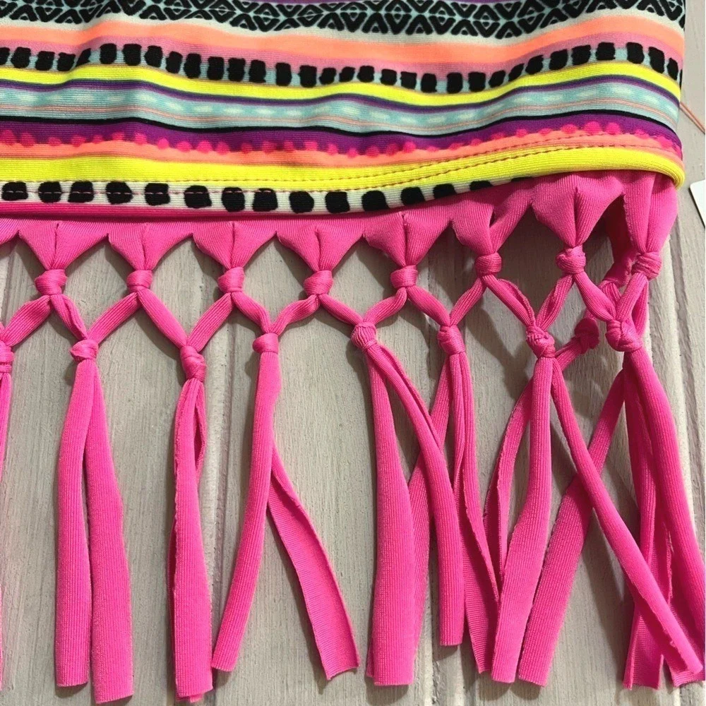 Cat & Jack Fringe Bikini Swim Top Girls Large Pink Colorful Stripes NWT